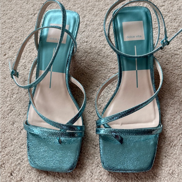 Dolce Vita Shoes - Dolce Vita Women's Baylor Teal Metallic Kitten Heel Strappy Sandals Size 7